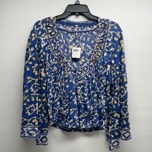 Free people blue motif boho crop top long sleeve size xl nwt